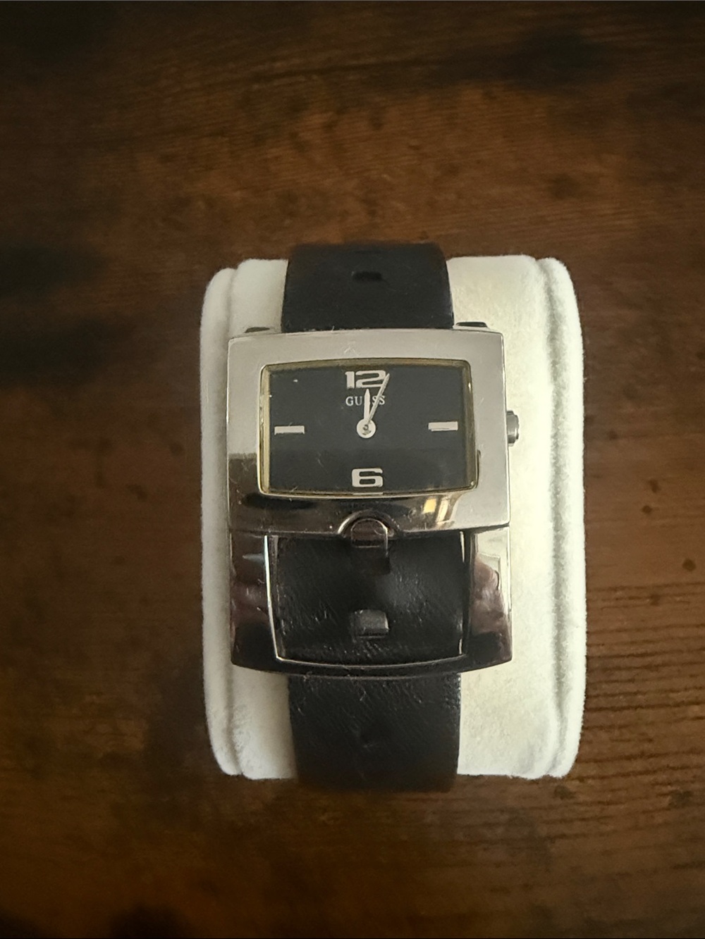 GUESS Black Leather Strap Silver-Tone Square Watch